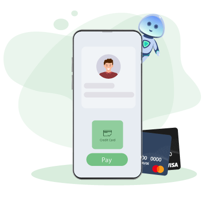A Mobile Phone with a Credit Card Symbol and a Robot, Highlighting the 'Pay by Credit Card' Feature, Demonstrating Various Payment Methods.