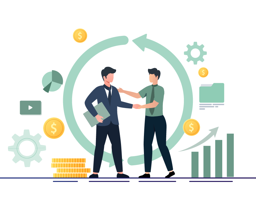 Two Businessmen Shaking Hands in Front of a Circle of Money, Illustrating Effective Cash Flow Management and Diverse Payment Methods.