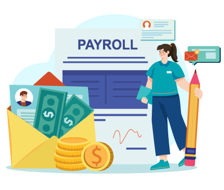 An Illustration of a Woman with a Paycheck in Front of Her, Explaining payment Methods, Including Payroll by Credit Card.