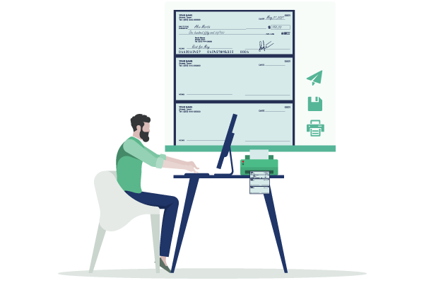 A man sitting at a desk with a check in front of him, considering the option to Send eCheck Online Instantly.