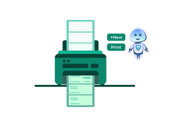 A Printer Next to a Robot, Showcasing the Advanced Capabilities of Print Checks Software Free.
