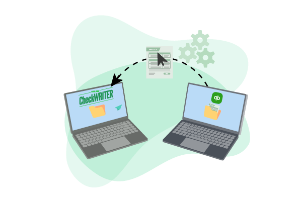 Two Laptops Connected to Each Other. Its Showing Import QuickBooks Invoice and Process Them Quickly.