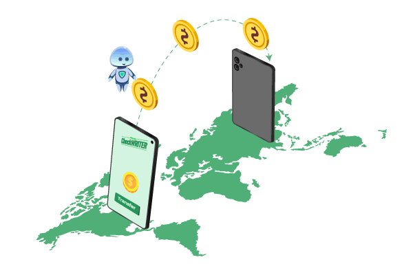 An Illustration of a Phone with Coins on It and a Map of the World Representing International Money Transfer