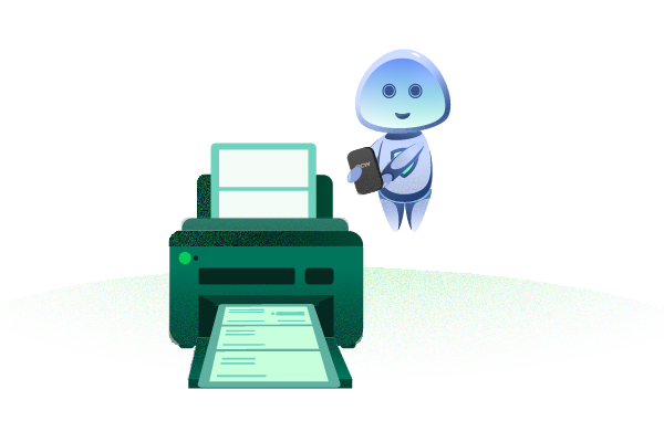 A Cartoon Character Is Standing Next to a Printer, Possibly Using Some Personal Check Writing Software Free