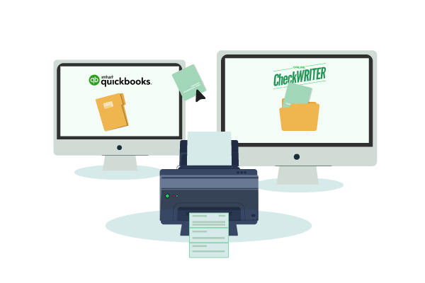 Two Laptops with a Printer in the Middle, Allowing Seamless Integration to Print Checks from QuickBooks Online.