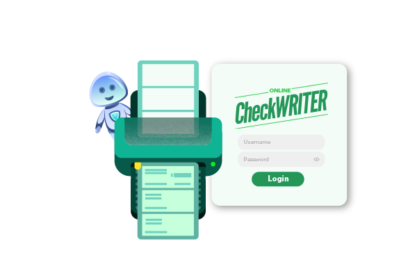 The Printer Is Currently in the Process of Printing a Check. It's Avoiding Ordering Business Checks - the Background Features the Online Check Writer Login Screen.
