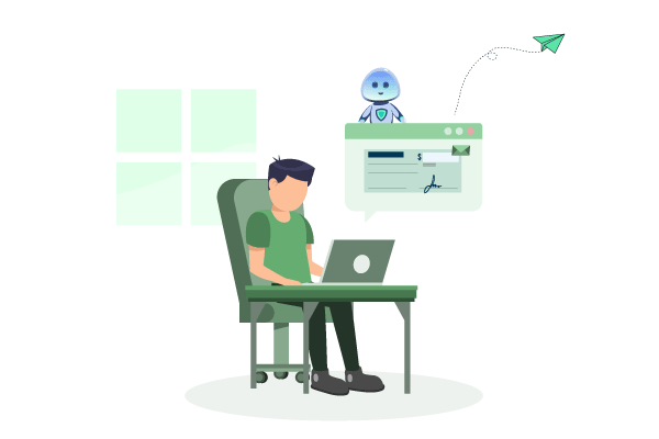 A Man Sitting at a Desk with a Laptop, Processing an eCheck Payment Alongside a Robot