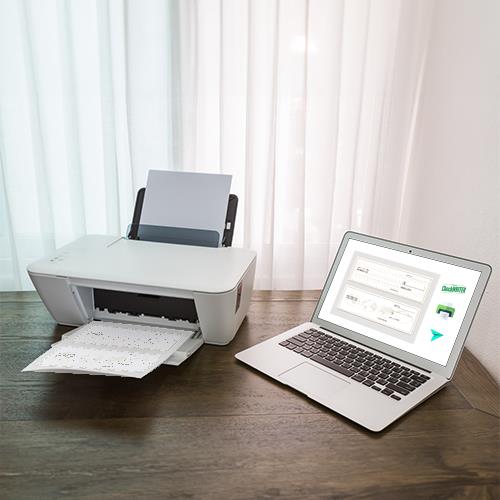 A Laptop Is Close by on a Wooden Table, While a Printer Prints Checkbook Deposit Slip