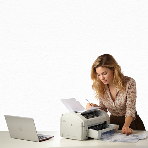 A Woman Uses a Printer to Efficiently Manage Her Small Business Tasks. She Is Printing Checks Using to Payroll Software for Small Business