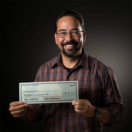 A Man Holding Up a Check Showcasing The Account Number in Check on a Black Background