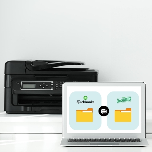 A Laptop Connected to a Printer, Set Up for Printing Cheap Business Checks for QuickBooks
