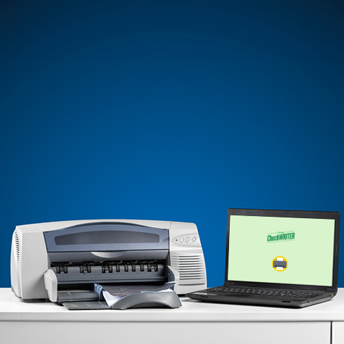 A Printer and a Laptop Are Placed on a Table Against a Blue Background. Instead of Check Printing Software Download, the Printer Prints a Check