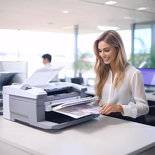 A Woman in an Office Looking at a Printer While Using Printing Checks Software