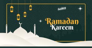 Ramadan Kareem Greeting Card With Hanging Lanterns And Mosque Silhouette On A Starry Night Background