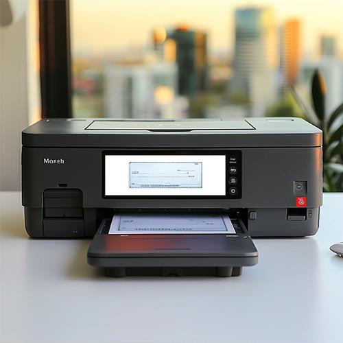 A Printer Equipped with Blank Check Printing Software Is Situated on a Desk with a Panoramic City View in the Background.