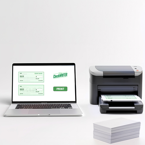 A Modern Check Printing Setup Featuring a Laptop Displaying Check Printing Software and a Printer Loaded with Blank Stock Paper