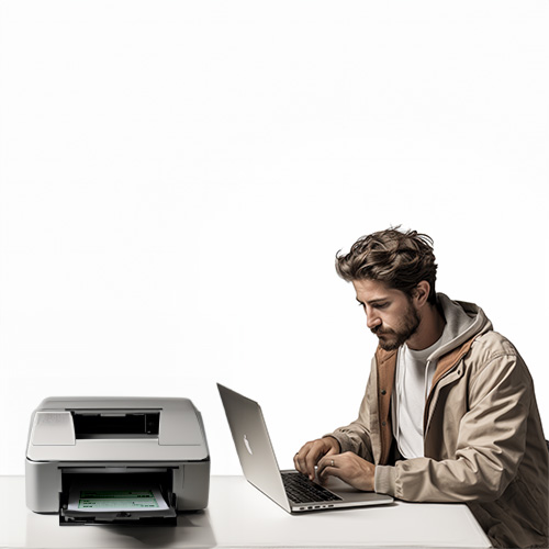 Focused Man with a Stylish Beard Using Check Maker Free Software on a Laptop Beside a Printer Printing Checks