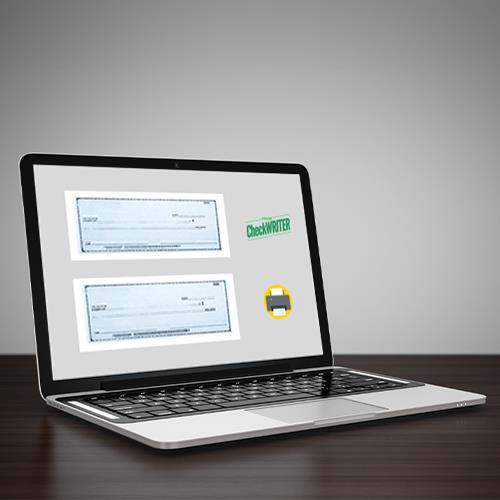 A Laptop on a Table Displaying a Check Design Interface, Highlighting the Feature Design Your Own Checks