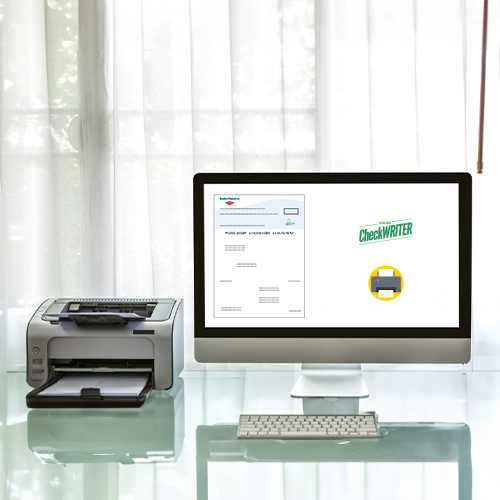 A Printer and a Computer on a Glass Table with Sheer Curtains in the Background. The Printer Print Check Using a Personal Check Printing Software