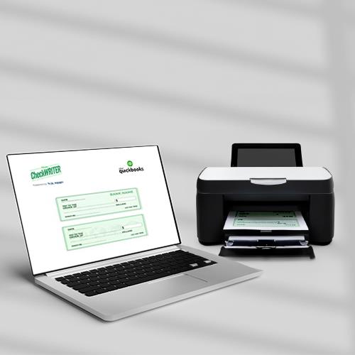 QuickBooks Checks Printing on a Laptop Showing a Successful Digital Banking Transaction Confirmation Screen for a New Deposit Slip Completion.