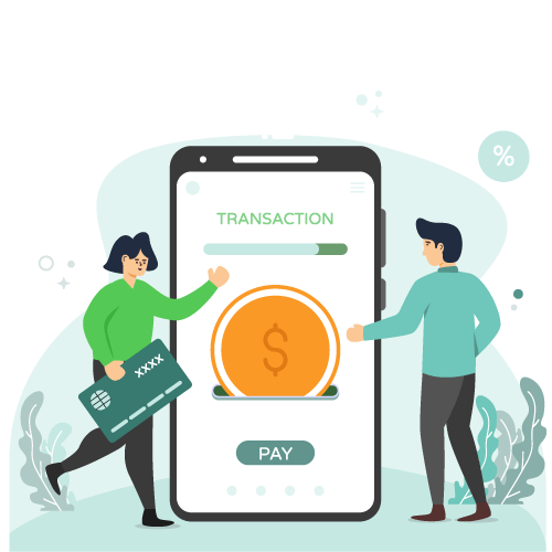 Illustration of Two People Conducting Effortless and Secure Transactions on a Large Smartphone. One is Holding a Virtual Card API and the Other Gesturing Towards the Phone Display Showing a Payment Processing Screen.