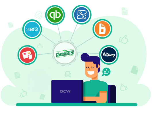 Illustration of a Smiling Man Using a Laptop, Surrounded by Icons of Various Payment and Integration with Banks and Accounting Software, That Represents Virtual Card API