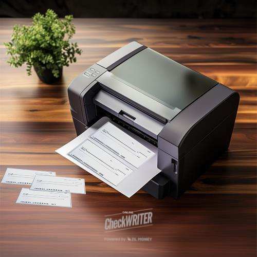 A Sleek, Modern Check Generator Printer Situated on a wooden surface Showcases Printed Checks Lying in Front of It