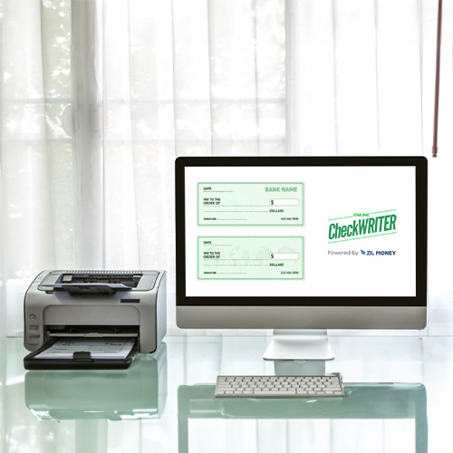 A Modern Office Setup with a Printer Next to a Desktop Computer Displaying Check Printer Software Free Download Without Any Hassles on Its Screen