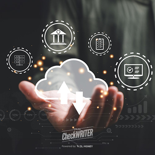 A Person's Hand Interacting with Futuristic Digital Icons Related to Business Processes and Cloud Technology, Symbolizing Cloud Bank Definition