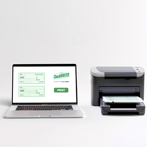 A Laptop Displaying a Free Check Print Software on the Screen, Next to a Printer with Paper Loaded, Both on a Plain White Background