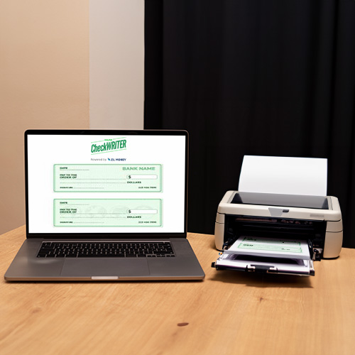 A Laptop Screen Displays a Check writing Software Interface and Creating and Printing Instant eChecks