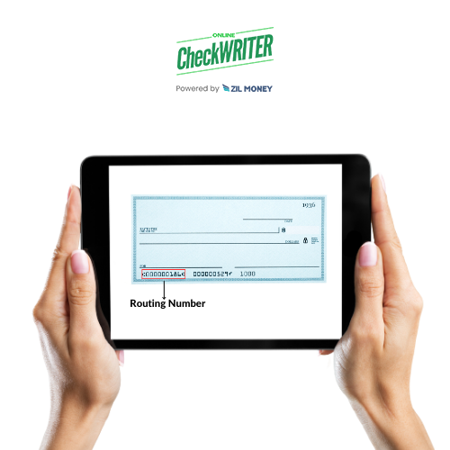 Hands Holding a Tablet Displaying a with the Routing Number on a Check Visible
