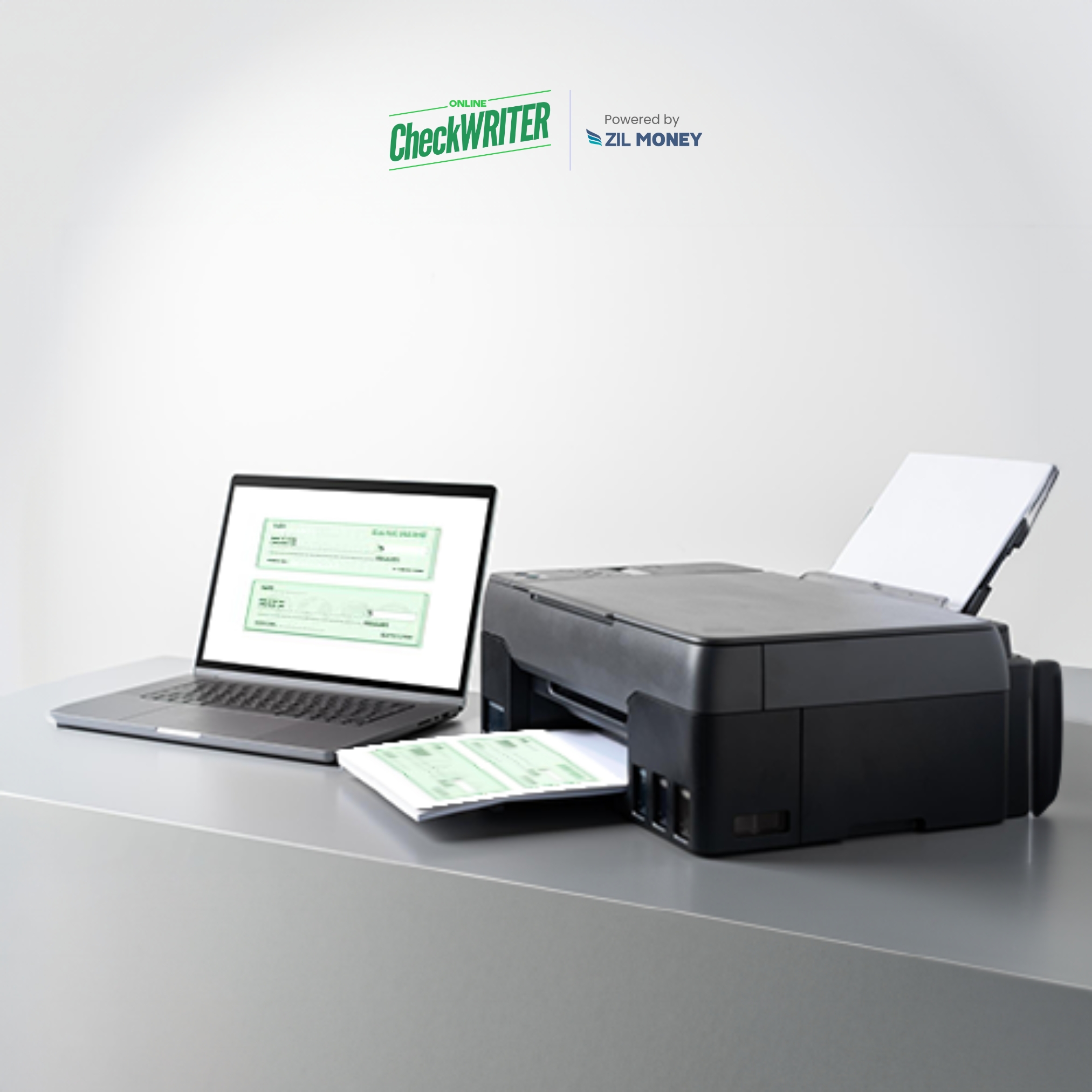 A Laptop Displaying Check Writing Software Next to a Printer on a Desk, Facilitating Check Printing for Business or Personal Use and Crafting Your Financial Transactions.