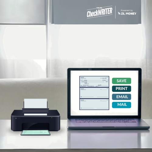 An Office Setup Featuring a Laptop Displaying a Digital Check with Options to "Save," "Print," "Email," and "Mail," Simplifying Check Printing Online with a Modern Approach.