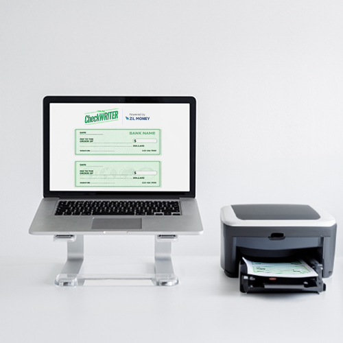 A Laptop Displaying Eliminate Check Printing Software Download with Secure Platform on a Stand with an Adjacent Compact Printer, Set Against a Plain White Background
