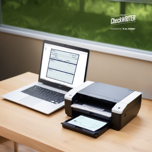 A Laptop and Printer Are on the Table. Avoiding the Confusion of How to Properly Write a Check. the Printer Prints Checks Easily