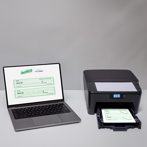 A Laptop and Printer Are Arranged on the Table. Prints Personal Checks Easily