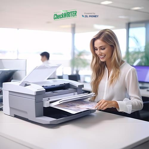 A Woman in an Office Smiles While Using a Large Printing Check to Scan Documents. The Machine Displays a Platforms Logo, and a Blurred Male Colleague Works in the Background