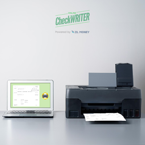 Printing Checks Through Cheap Check Printing Companies Is on the Table Along with a Printer and a Laptop.