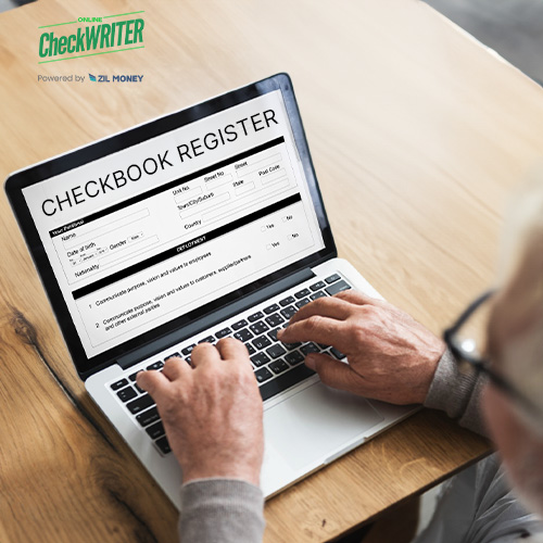 A Person Is Typing on a Laptop Displaying an Online Free Checkbook Register Form