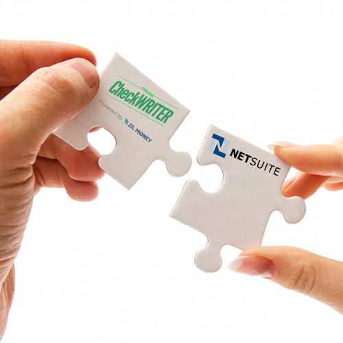 A Guy Holding Puzzles with Logos. It Indicates Integration with NetSuite