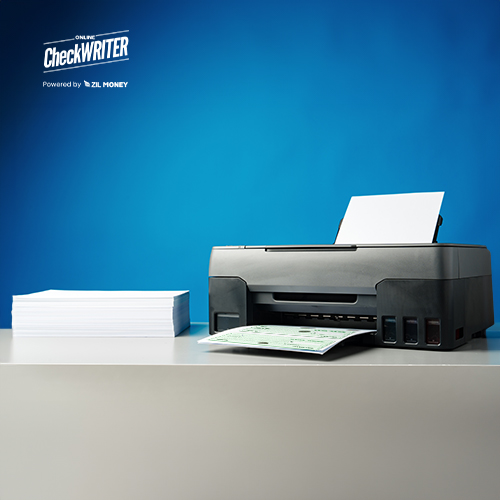 There's a Printer and Paper Bundle on the Table. Presently Print Checks on Blank Check Stock Paper