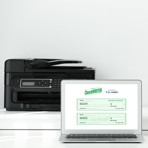 A Laptop And Printer Printing Checks. Conveniently Check Printing, Save Money, and Customize Your Check