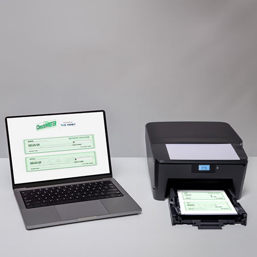 A Laptop and a Printer Printing Checks Easily From Home Or Office. Discard Cheap Checks Order Embrace Online Check Printing for Efficiency