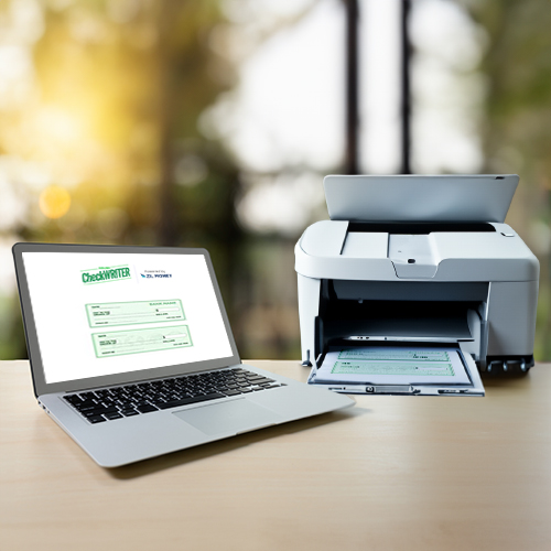 A Laptop And Printer Printing Checks. Easy Check Printing with Costco Checks Alternative: Save Money and Customize Your Checks