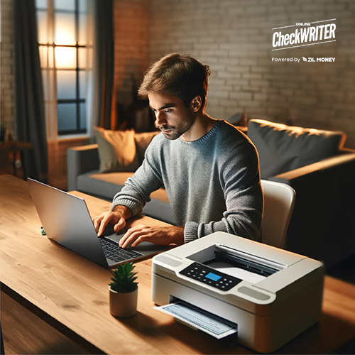 A Man Print Online Check Using A Regular Printer And Blank Paper. Instant Check Printing Solutions Instead of Pre-Printed Checks