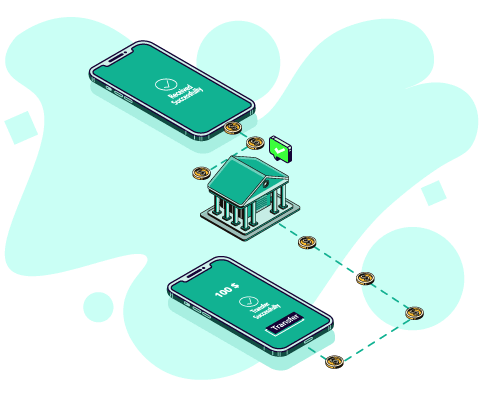 Illustration of Two Smartphones Completing a Secure Mobile Banking Transaction, with Icons Representing a Bank and Digital Coins Transferring Between Devices, Showcasing Direct Deposit.