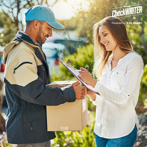 A Man Delivering Checks To a Women. Adopt Overnight Check Mailing for Fast Delivery