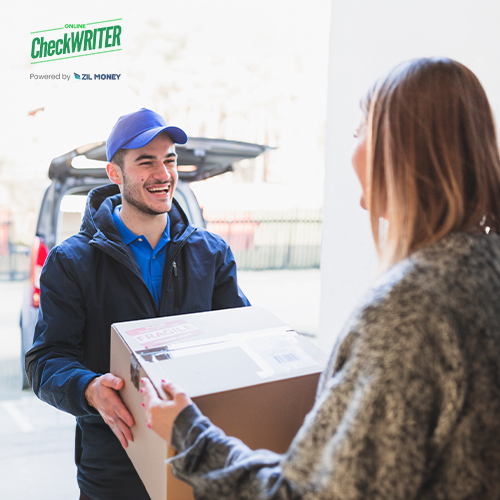 A Delivery Person Giving Checks to a Women, Ensure Timely Deliveries Use Overnight Check Mailing Services