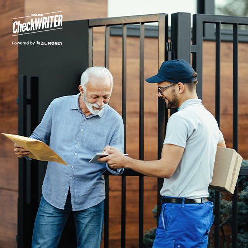 A Delivery Person Hands an Overnight Check Mailing Package to an Elderly Man.